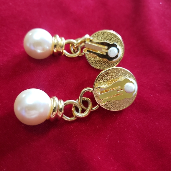 Pearl and Gold Drop Clip Earrings - Picture 7 of 9